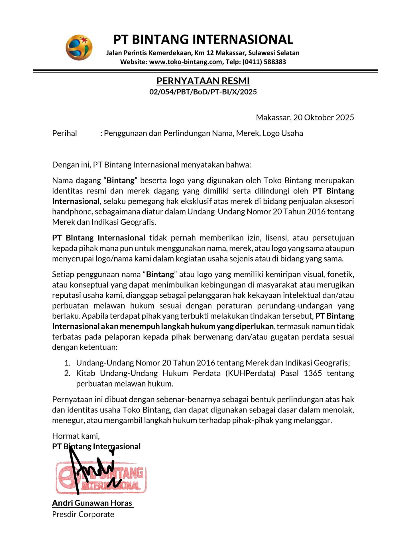 PERNYATAAN RESMI PT BINTANG INTERNASIONAL